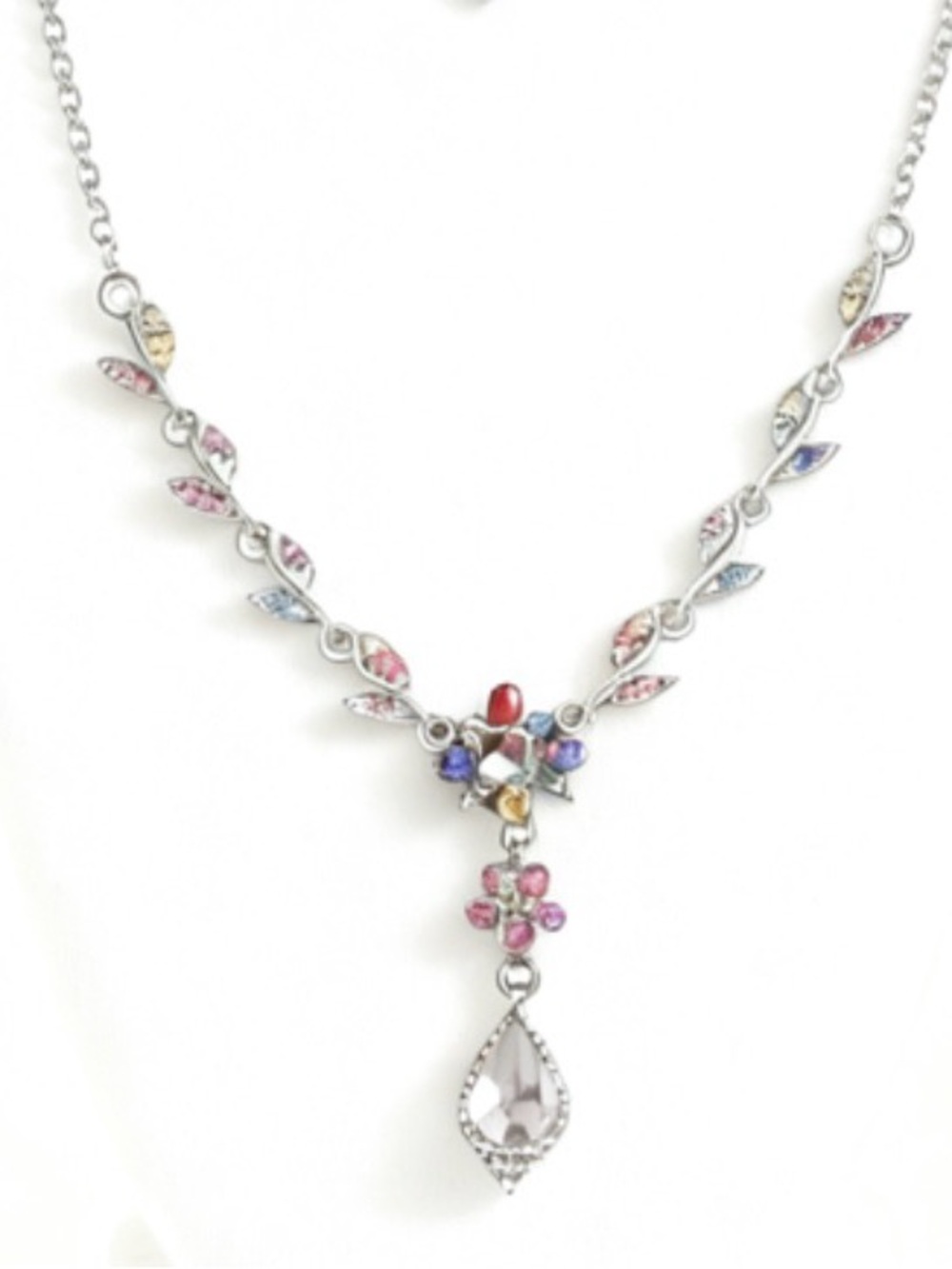 VTG Victorian Revival Antique Brass Floral Y-Drop Necklace
Crystals Teardrop 16"